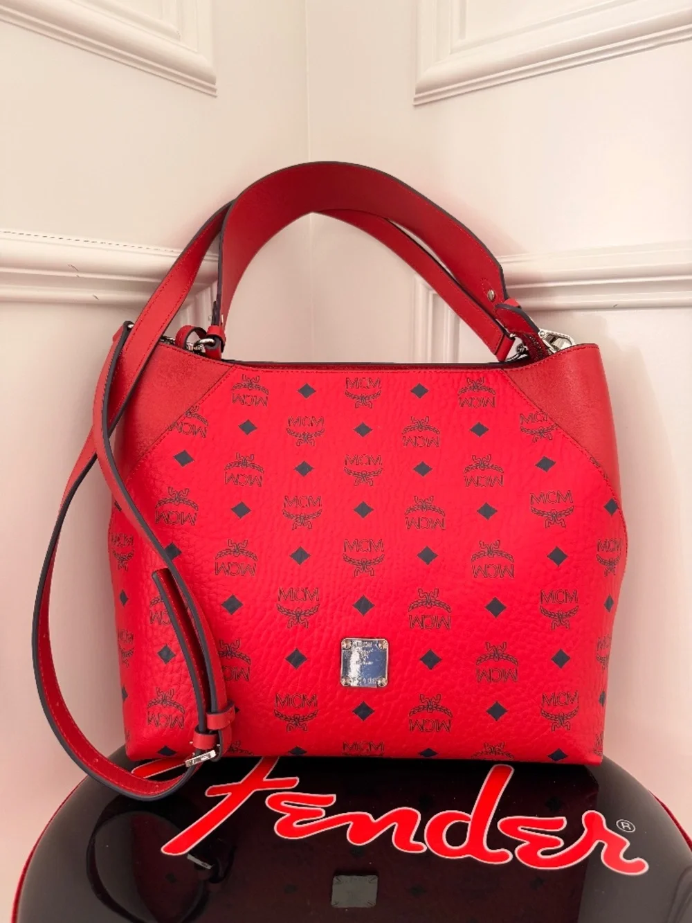 Authentic MCM Red Visetos Hobo Shoulder Bag Adjustable Strap Large Tote Purse